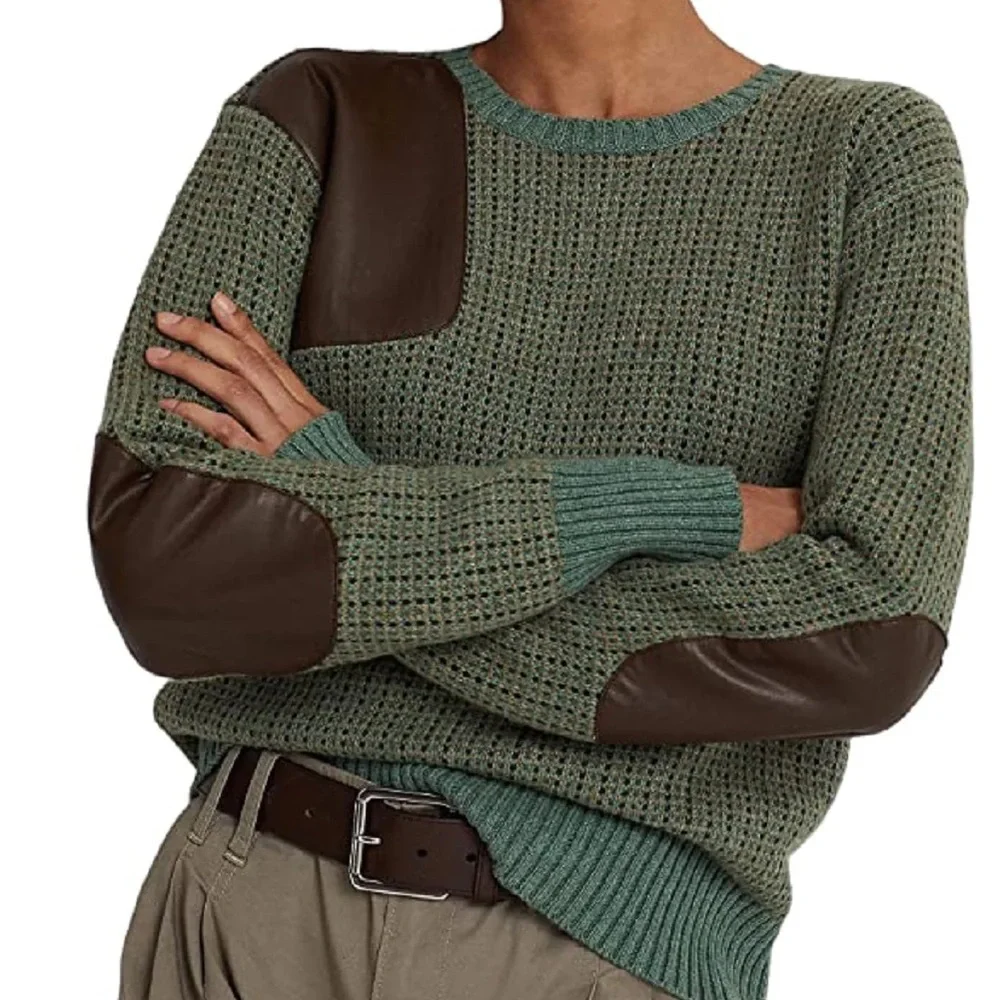 Lauren Ralph Lauren Multi Faux-Leather-Trim Wool-Blend Sweater Size L NWT 185$ - Picture 3 of 7